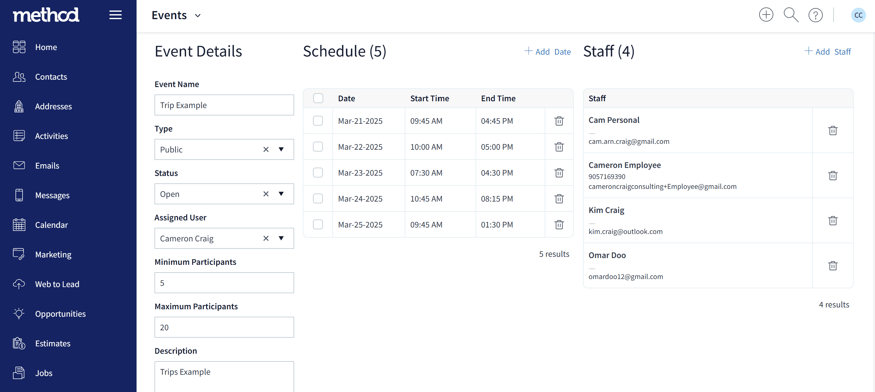 Events screen 1