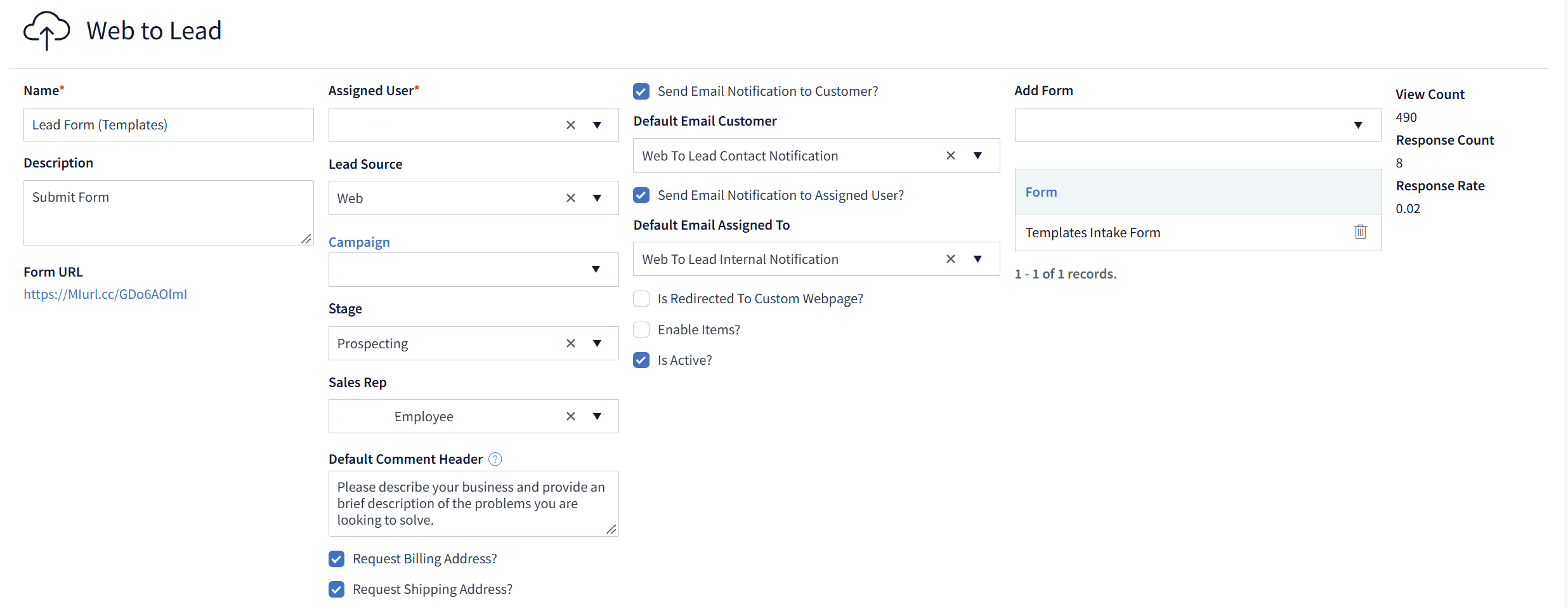 Lead Forms screen 1